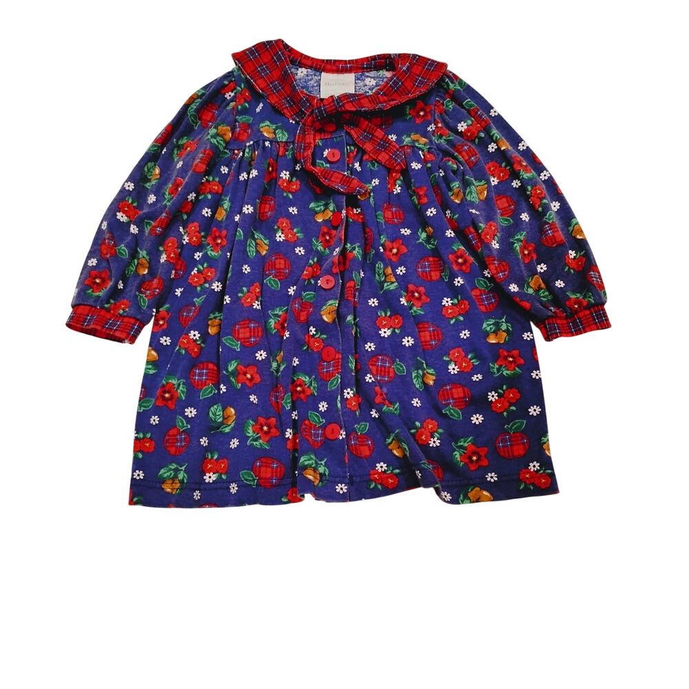 Vintage Girls Toddler 4T Dress Apples Flowers Button Up Peter Pan Collar 1995